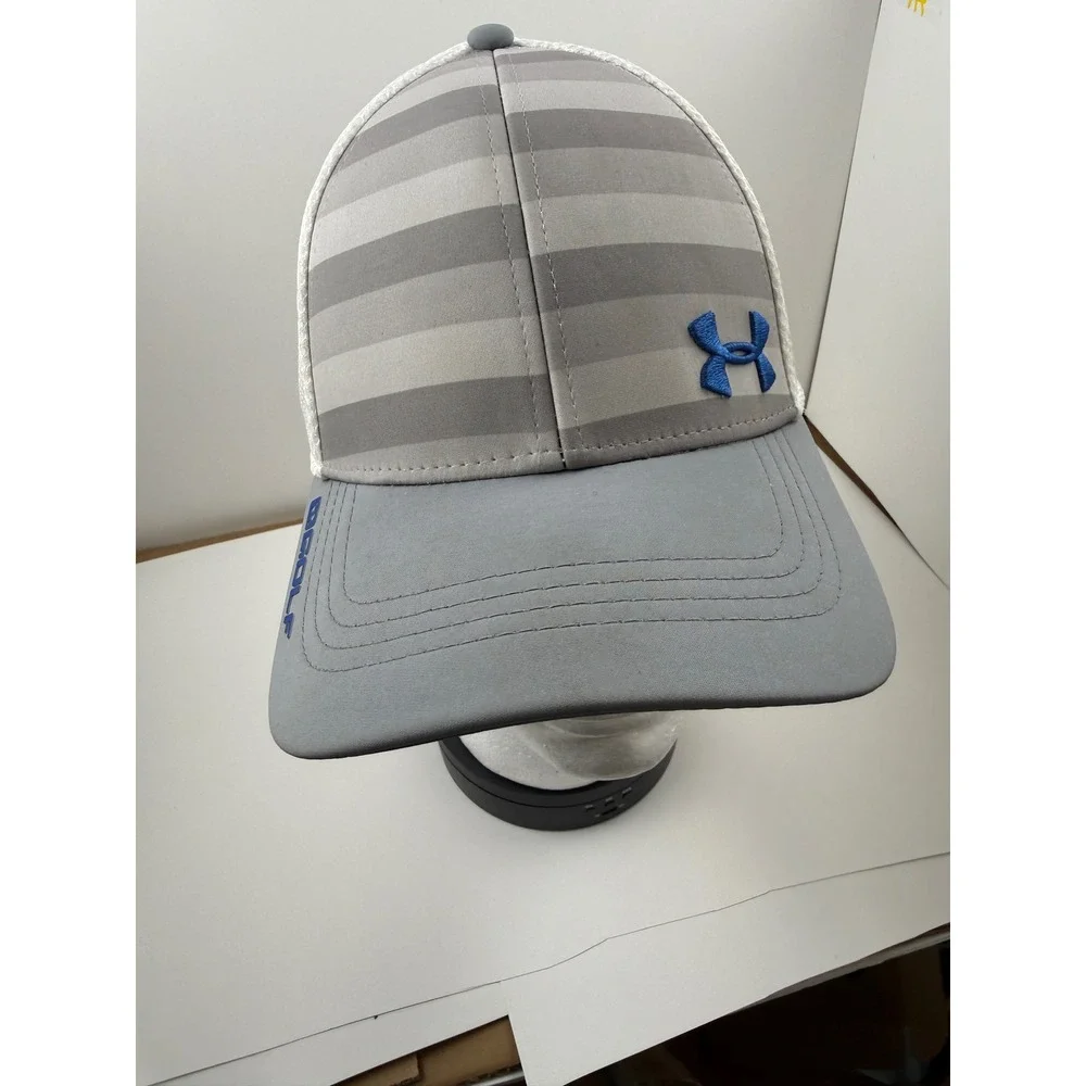 Under Armour Golf Trucker Hat Grey Striped Mesh Back Blue Logo Baseball Cap - Picture 8 of 12